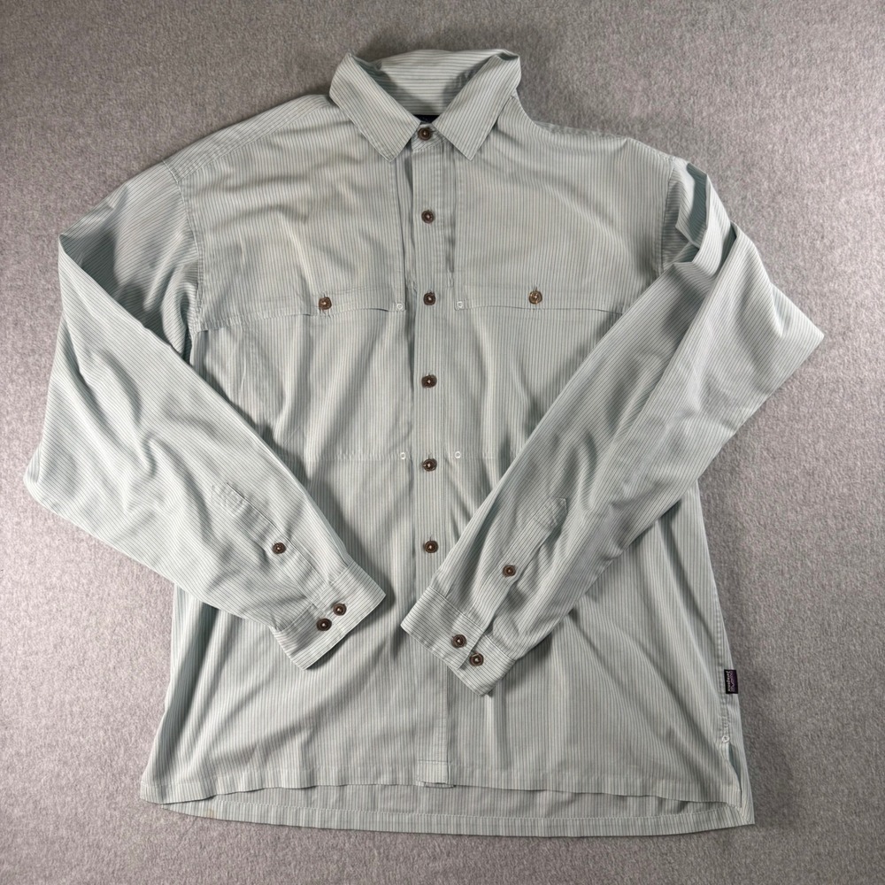 Patagonia Shirt Mens Island Hopper Large Blue Pinstripe Vented Fishing Hiking
